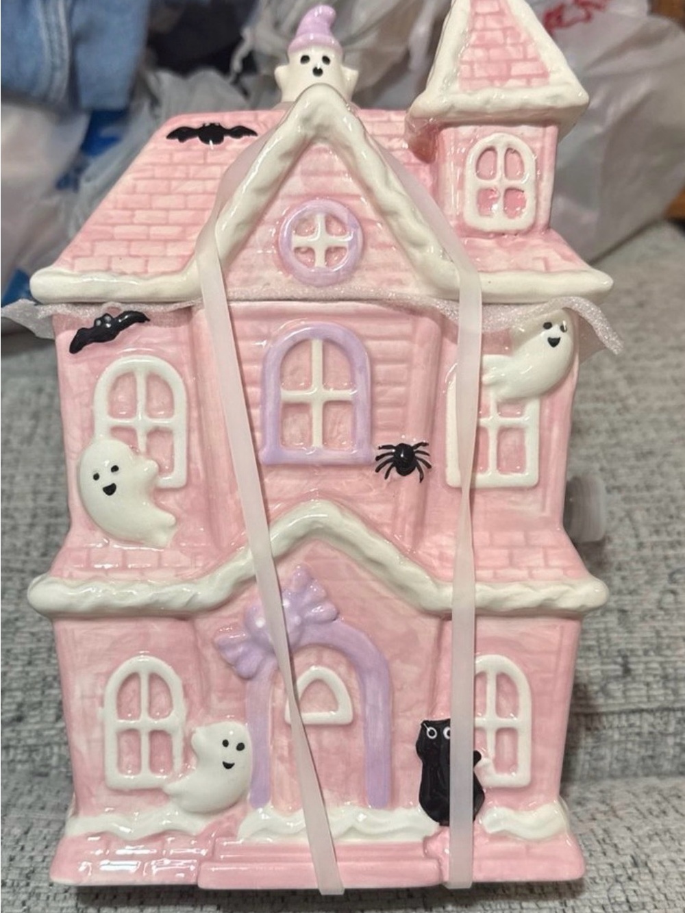 NWT Pink Haunted House Ceramic Candy Jar - Home Party Supplies